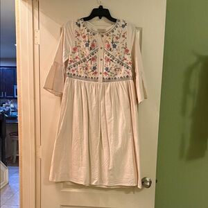 Polagram Cream Dress with Floral Embroidery